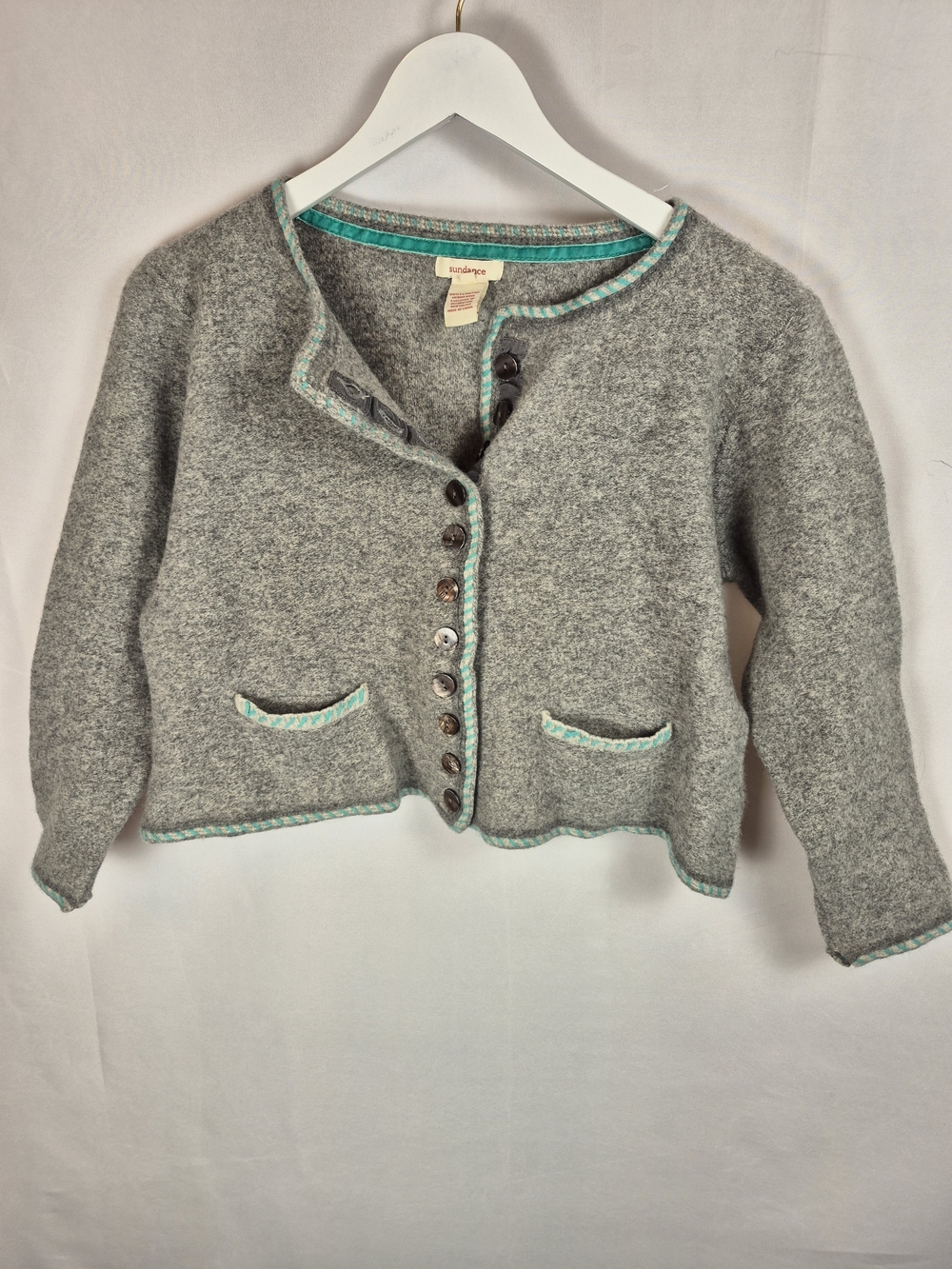 Sundance Gray Cardigan with Aqua Trim Size Xl 100% Wool